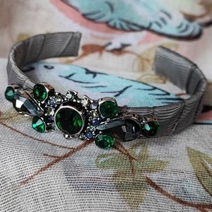 Emerald Gray Grey Grosgrain Ribbon Covered Rhinestone Formal Cuff Bracelet New